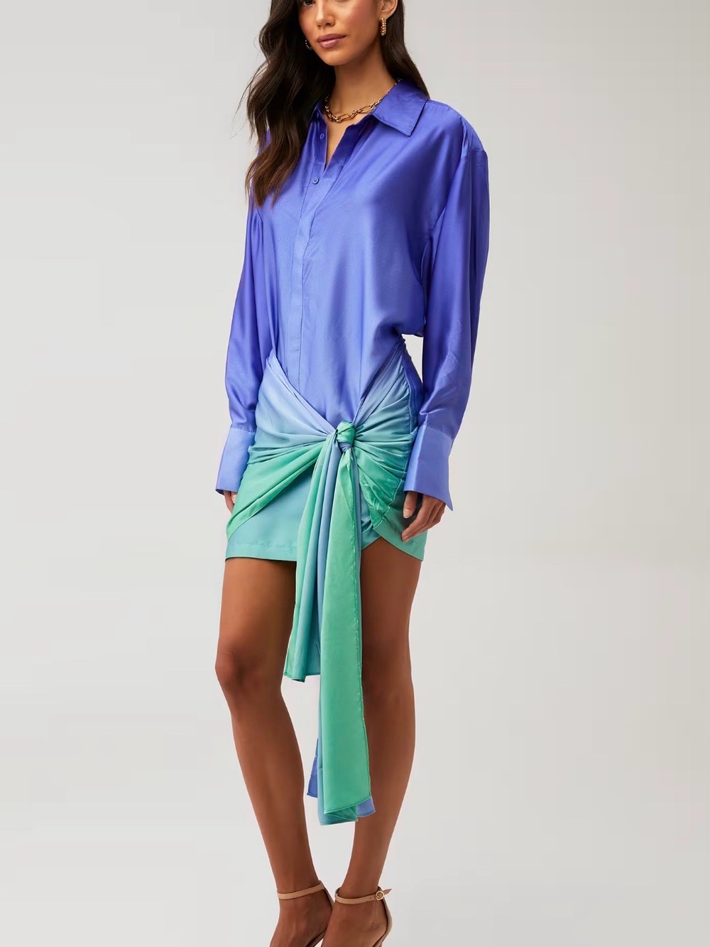 Bardot Blue-to-Mint Ombre Tie-Waist Mini Dress